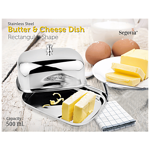 Segovia Stainless Steel Butter & Cheese Dish With Lid - Rustproof, For Fridge & Dinning Table, Silver, 500 ml (1 pc) 