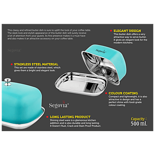 Segovia Stainless Steel Butter & Cheese Dish With Lid - Rustproof, For Fridge & Dinning Table, Teal, 500 ml (1 pc) 
