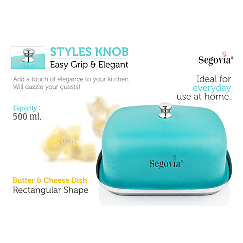 Segovia Stainless Steel Butter & Cheese Dish With Lid - Rustproof, For Fridge & Dinning Table, Teal, 500 ml (1 pc) 