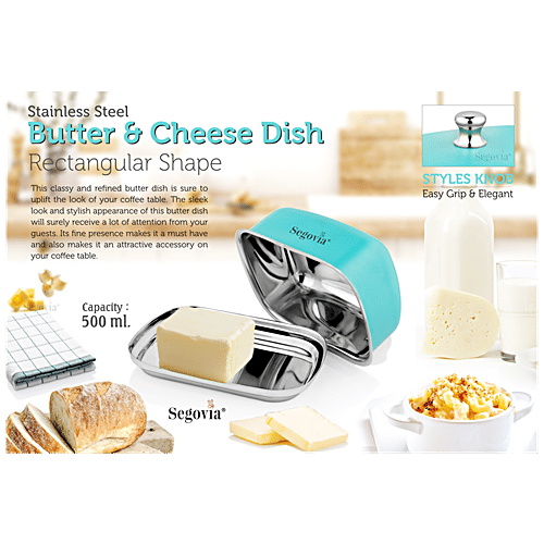 Segovia Stainless Steel Butter & Cheese Dish With Lid - Rustproof, For Fridge & Dinning Table, Teal, 500 ml (1 pc) 
