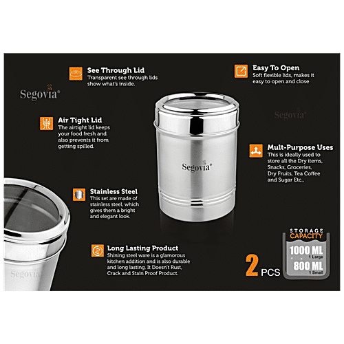 Segovia Stainless Steel Kitchen Canister/Storage Container With Lid - Rustproof, Large & Small, 2 pcs  