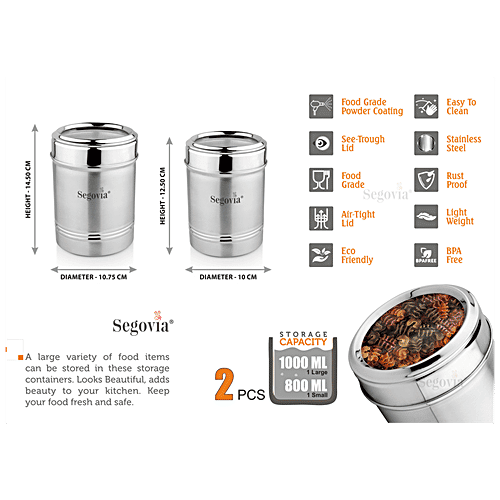 Segovia Stainless Steel Kitchen Canister/Storage Container With Lid - Rustproof, Large & Small, 2 pcs  