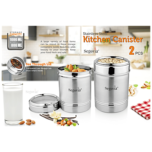 Segovia Stainless Steel Kitchen Canister/Storage Container With Lid - Rustproof, Large & Small, 2 pcs  