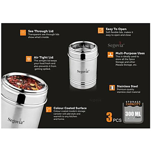 Segovia Stainless Steel Kitchen Spice Canister/Masala Jar With Lid - Rustproof, Silver, 300 ml (Set of 3)