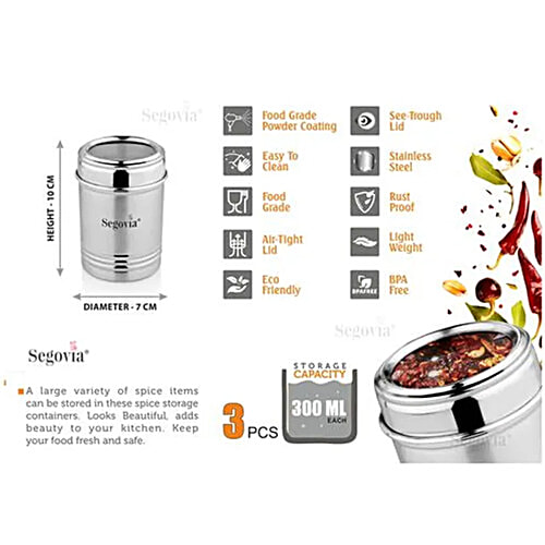 Segovia Stainless Steel Kitchen Spice Canister/Masala Jar With Lid - Rustproof, Silver, 300 ml (Set of 3)