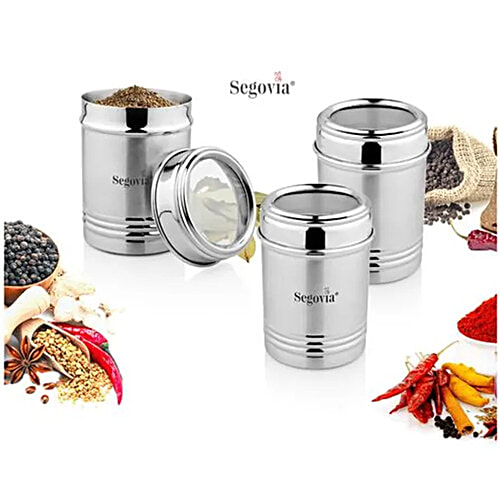 Segovia Stainless Steel Kitchen Spice Canister/Masala Jar With Lid - Rustproof, Silver, 300 ml (Set of 3)