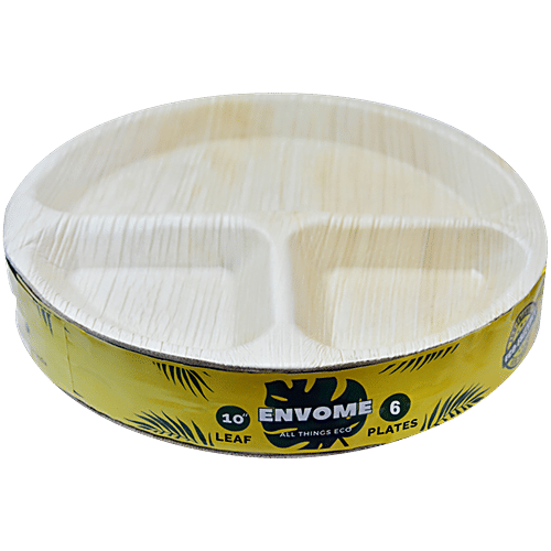 Envome 10'' Round Partition Areca Leaf disposable Plate - Eco-Friendly, Lightweight, Leakproof, Chemical Free, 6 pcs  