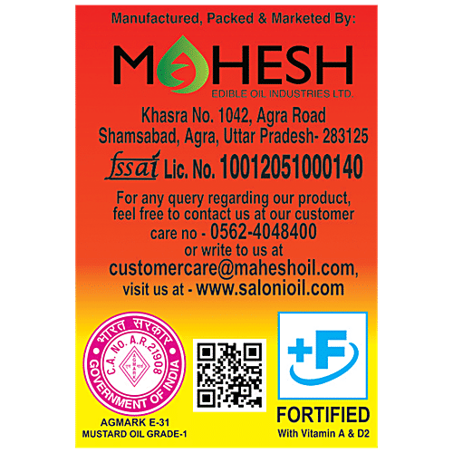 Saloni Kachchi Ghani Pure Mustard Oil - Enhances Flavour, Rich In Vitamins, Helps In Digestion, 2 l  