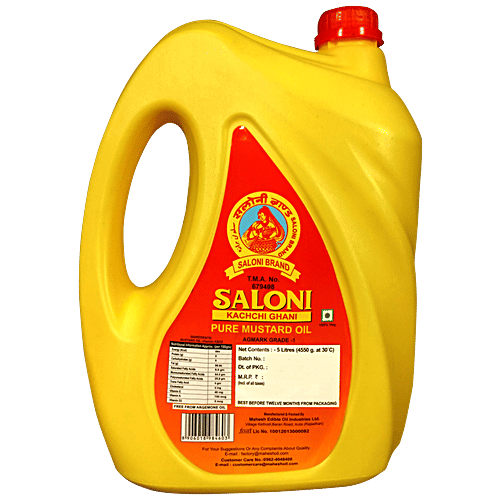 Saloni Kachchi Ghani Pure Mustard Oil - Enhances Flavour, Rich In Vitamins, Helps In Digestion, 5 l  