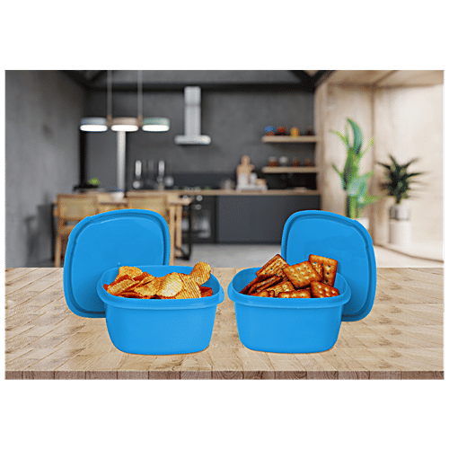 Princeware Store Fresh Square Container - Plastic, Dishwasher Safe, BPA Free, Blue, 650 ml (Set of 2) 