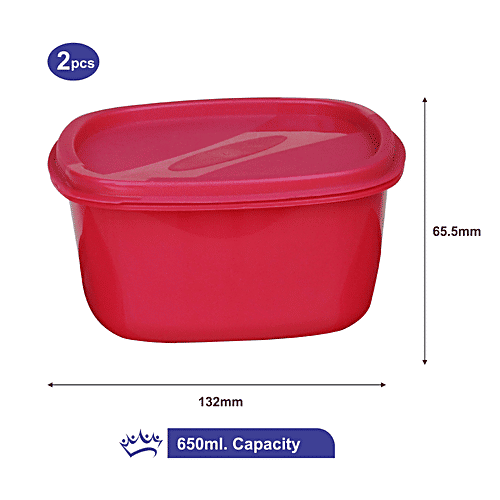 Princeware Store Fresh Square Container - Plastic, Dishwasher Safe, BPA Free, Pink, 650 ml (Set of 2) 
