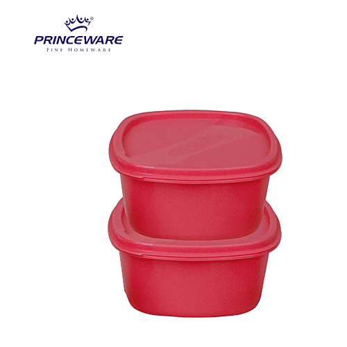 Princeware Store Fresh Square Container - Plastic, Dishwasher Safe, BPA Free, Pink, 650 ml (Set of 2) 