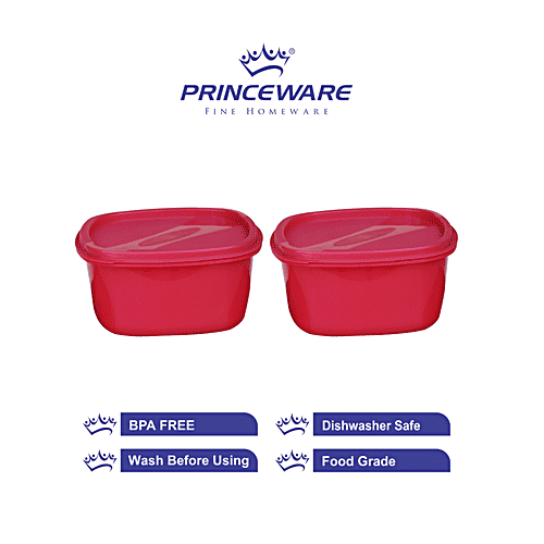 Princeware Store Fresh Square Container - Plastic, Dishwasher Safe, BPA Free, Pink, 650 ml (Set of 2) 
