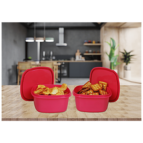 Princeware Store Fresh Square Container - Plastic, Dishwasher Safe, BPA Free, Pink, 650 ml (Set of 2) 