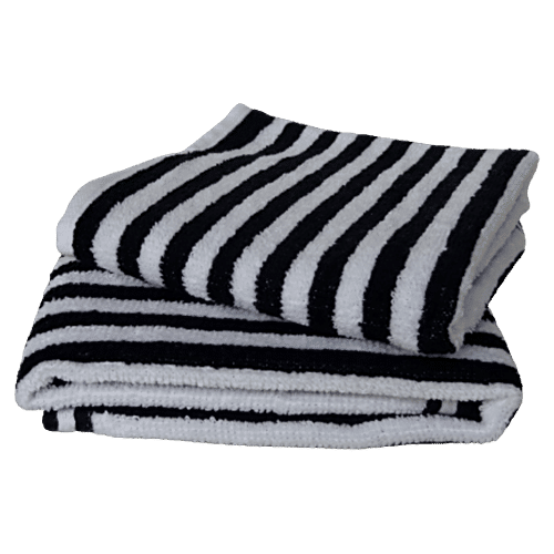 VC Cotton Hand & Face Towel - Black & White Stripes, Soft, Highly Absorbent, 2 pcs  