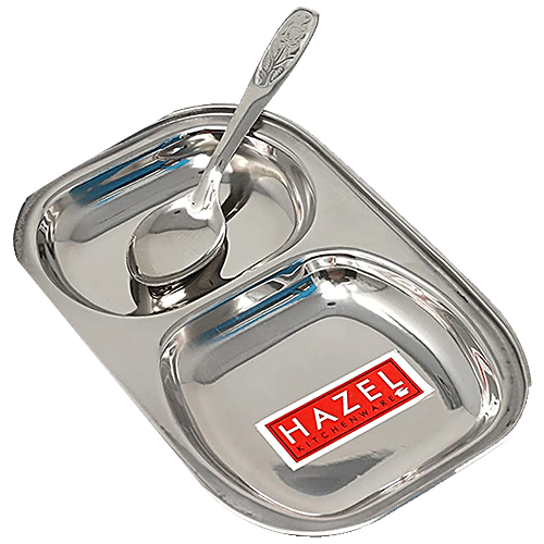 Hazel Steel Compartment/Pav Bhaji/Idli Plate with 2 Sections Divided Mess Tray & Spoon, Silver, 1 pc  