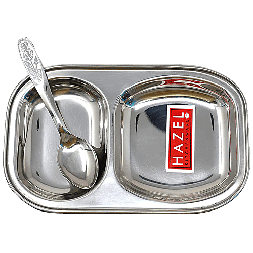 Hazel Steel Compartment/Pav Bhaji/Idli Plate with 2 Sections Divided Mess Tray & Spoon, Silver, 1 pc  