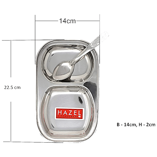 Hazel Steel Compartment/Pav Bhaji/Idli Plate with 2 Sections Divided Mess Tray & Spoon, Silver, 1 pc  