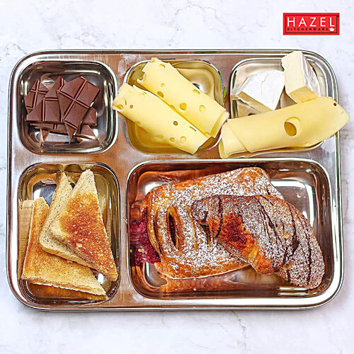 Hazel Stainless Steel Rectangle Dinner Plate/Bhojan Patra - With Square Holes, Silver, 1 pc  