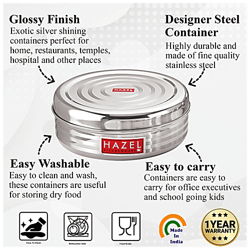 Hazel Stainless Steel SR Puri Dabba Food Container S9 - Food Grade, Durable, 750 ml  