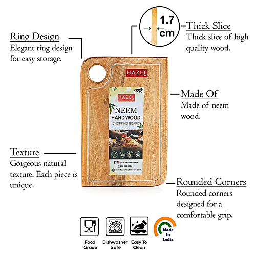 Hazel Neem Wooden Vegetable Rectangle Shape Chopping Board - 23 X 36 cm, 1 pc  