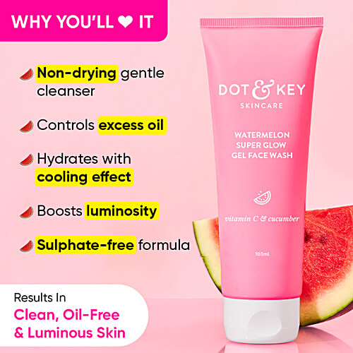 Dot & Key Watermelon Super Glow Facial Gel Cleanser - Visibly Brightens Skin, Unclogs Pores, 100 ml  