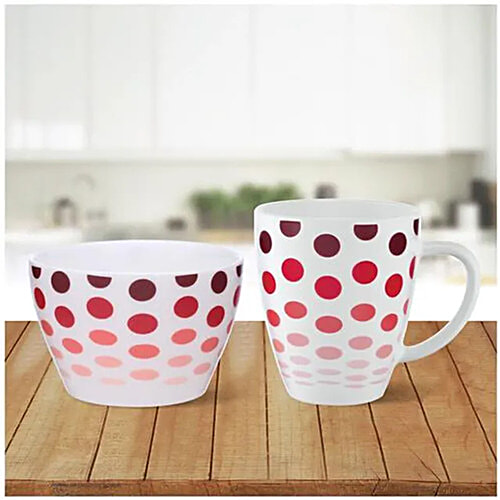 Larah by Borosil Mug & Bowl Breakfast Set - Polka, Red & White, 2 pcs