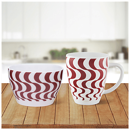 Larah by Borosil Mug & Bowl Breakfast Set - Waves, Brown & White, 2 pcs  