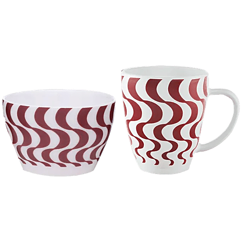 Larah by Borosil Mug & Bowl Breakfast Set - Waves, Brown & White, 2 pcs  