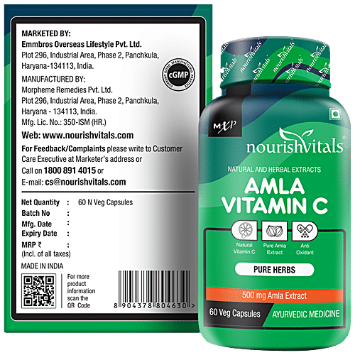 Nourishvitals Amla Vitamin C 500 mg Capsules - With Tannins > 25% Pure Herbs, Rich In Antioxidant, 60 pcs  