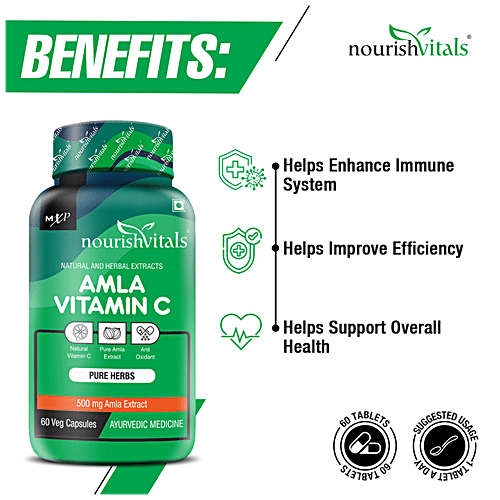 Nourishvitals Amla Vitamin C 500 mg Capsules - With Tannins > 25% Pure Herbs, Rich In Antioxidant, 60 pcs  