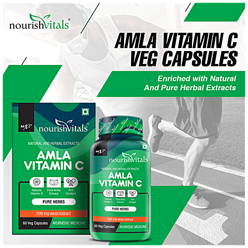 Nourishvitals Amla Vitamin C 500 mg Capsules - With Tannins > 25% Pure Herbs, Rich In Antioxidant, 60 pcs  