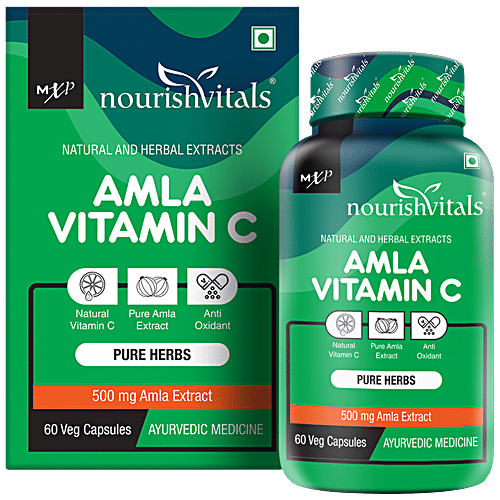 Nourishvitals Amla Vitamin C 500 mg Capsules - With Tannins > 25% Pure Herbs, Rich In Antioxidant, 60 pcs  