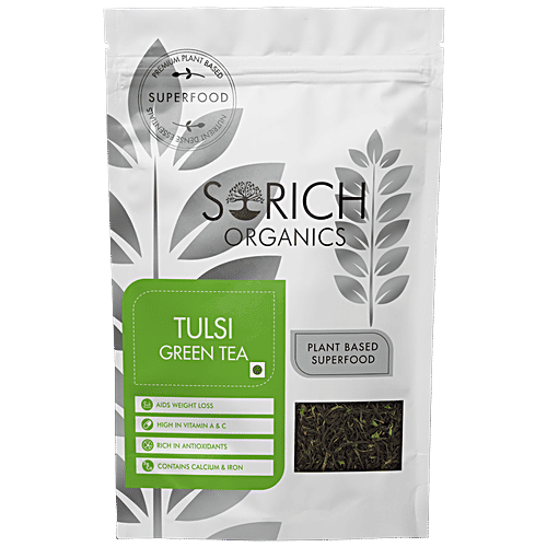 Sorich Organics Tulsi Green Tea - Rich In Antioxidants, Aids Weight Loss, Relieves Anxiety & Stress, 100 g Pouch