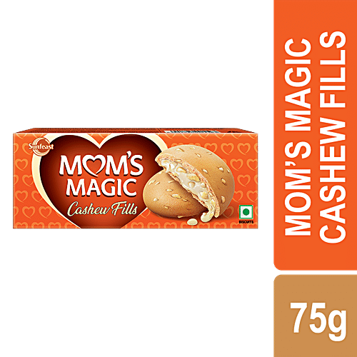 Sunfeast Mom's Magic Cashew Fills, Centre-Filled Cookies With Cashew & Molten Crème - Tea-Time Snack, 75 g Pouch