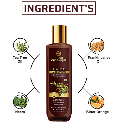 Khadi Organique Tea Tree Hair Cleanser - With Neem, Basil, Reduces Hair Fall, SLS & Paraben Free, 200 ml  