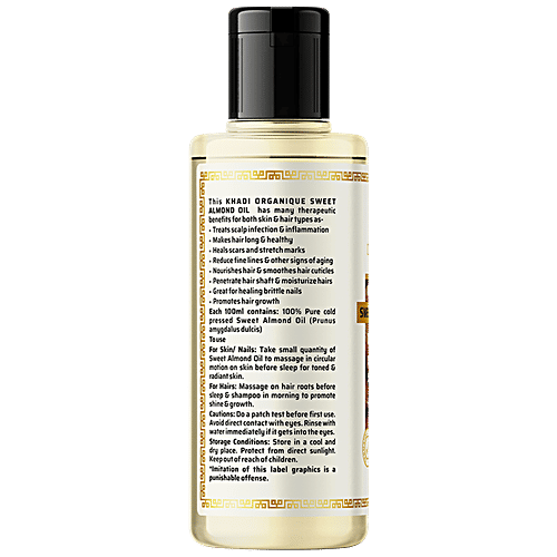 Khadi Organique Sweet Almond Oil - 100% Cold Pressed, For Glowing Complexion, Suits Hair & Skin, 210 ml  