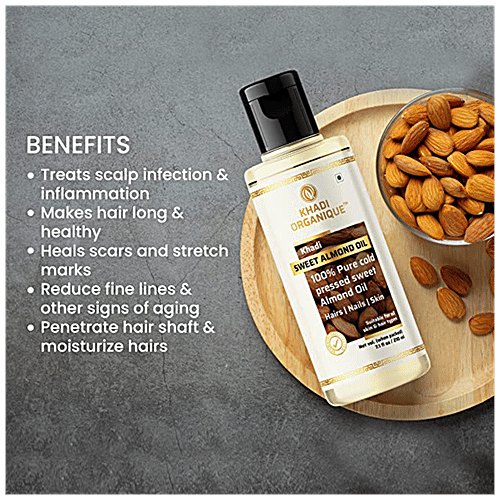 Khadi Organique Sweet Almond Oil - 100% Cold Pressed, For Glowing Complexion, Suits Hair & Skin, 210 ml  