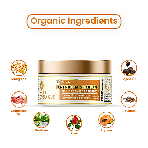 Khadi Organique Anti Blemish Cream - Fenugreek & Grapeseed Extract, Prevents Skin Darkening, 50 g