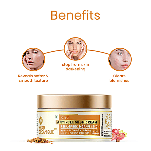 Khadi Organique Anti Blemish Cream - Fenugreek & Grapeseed Extract, Prevents Skin Darkening, 50 g