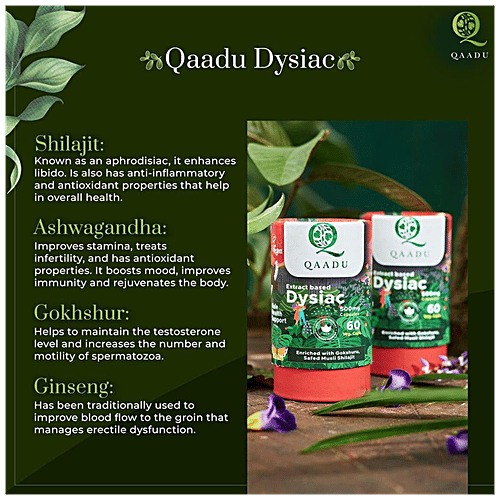 Qaadu Dysiac 500 mg Capsules - Enriched With Safed Musli, Promotes Stamina, Boosts Immunity, 60 pcs  