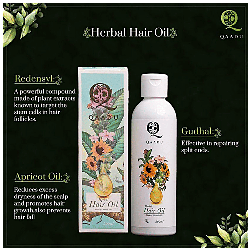 Qaadu Herbal Hair Oil - Promotes Healthy Scalp, Improves Hair Growth, Treats Dry/Flaky Scalp, 200 ml