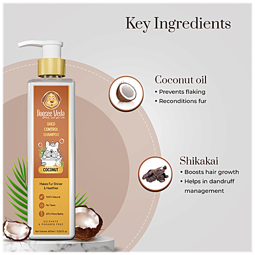 Dogsee Veda - Shed Control Shampoo, Coconut Oil, Make Fur Shinner & Healthier, No Tears, 400 ml  