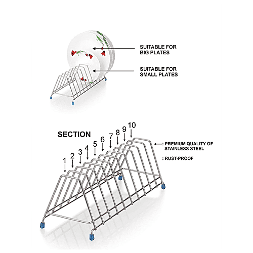 Tiara Leo Stainless Steel Thali Rack, Dish Rack, Plate Stand, Dish Stand, Lid Holder Utensil Rack For Kitchen - 10 Section, 1 pc  