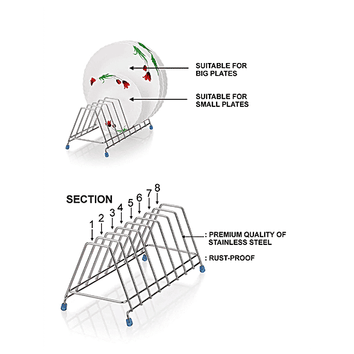 Tiara Leo Stainless Steel Thali Rack, Dish Rack, Plate Stand, Dish Stand, Lid Holder Utensil Rack For Kitchen - 8 Sections, 1 pc  