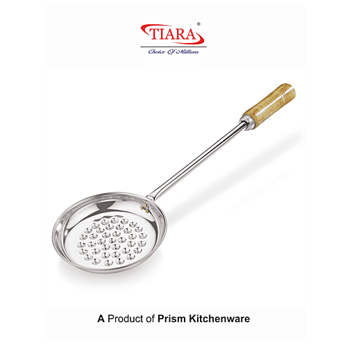 Buy TIARA Flora Stainless Steel Bundi Jhara, Deep Fry Strainer With Wooden Handle Silver Online