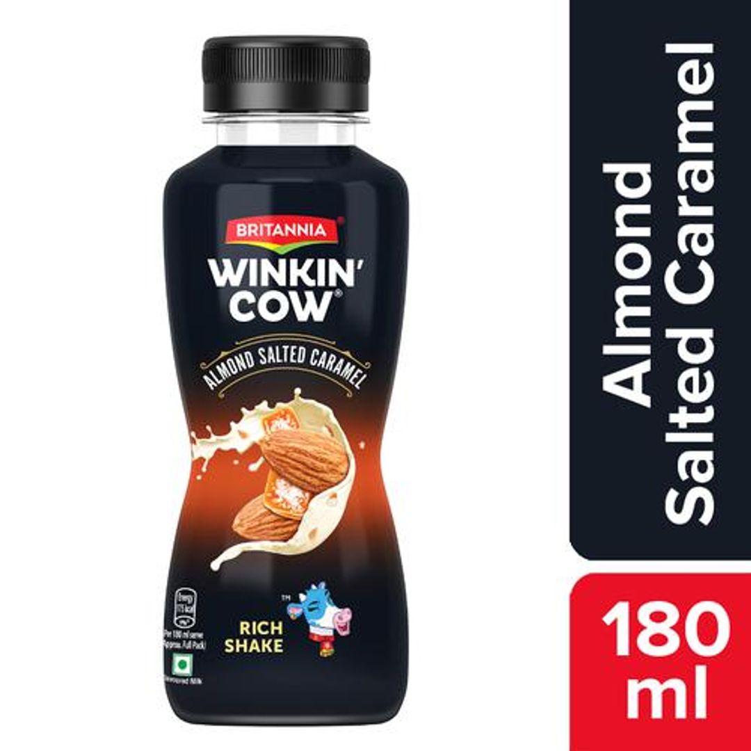 Britannia Winkin Cow Almond Salted Caramel Rich Milkshake - High In Calcium, 180 ml Pet Bottle