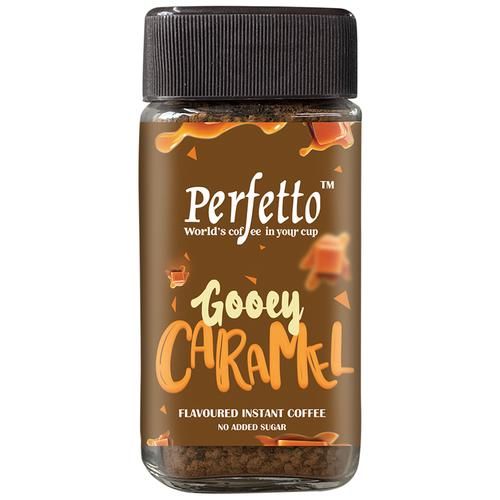 Perfetto Flavoured Instant Coffee - Gooey Caramel, Intense Aroma, Flavour, Great Taste, 50 g Jar 