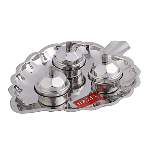 Hazel Steel Pan With Karanda Kumkum Pots For Festivities & Hindu Religious Purpose, 1 pc  