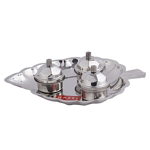 Hazel Steel Pan With Karanda Kumkum Pots For Festivities & Hindu Religious Purpose, 1 pc  